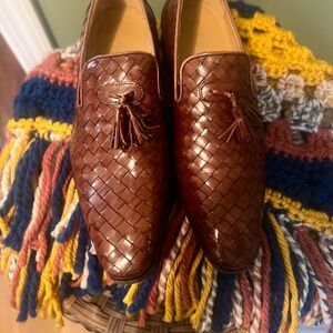Men Brown Woven Leather Loafers with Tassels size 8 1/2